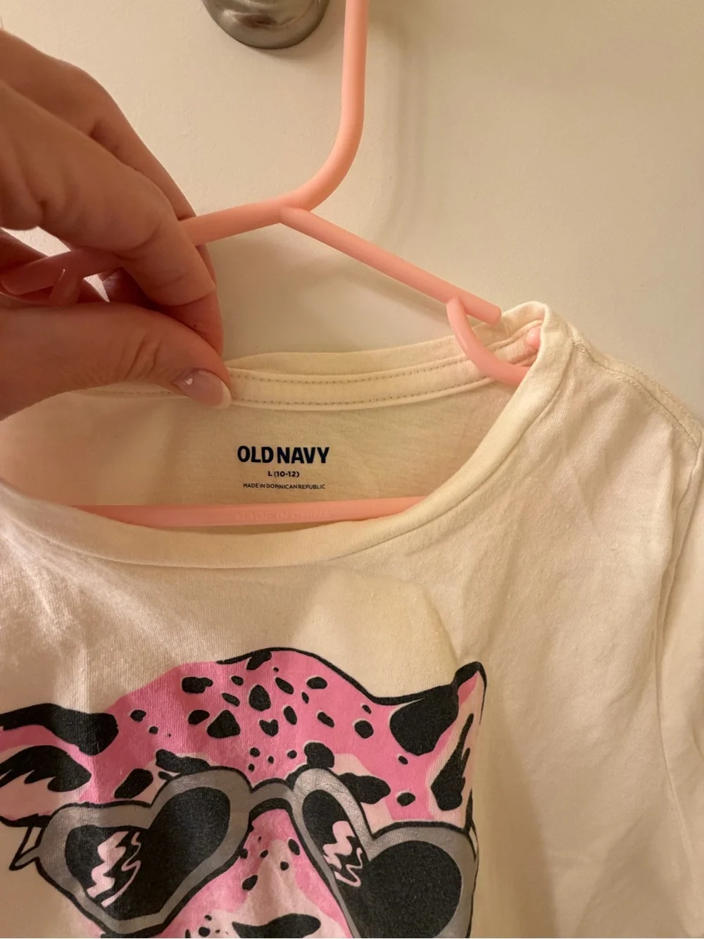 Old Navy White Tee with Pink Leopard Wearing Black Heart Sunglasses